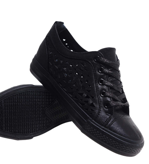 Czarne ażurowe trampki na koturnie /E3-1 17201 G8-61/