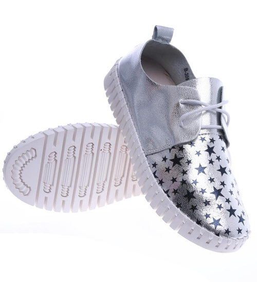 Sznurowane dziewczęce trampki z gwiazdkami Srebrne /G1-3 13808 T142/