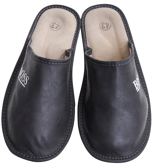 Skórzane kapcie męskie na prezent Szary /E3-1 7890 S197/