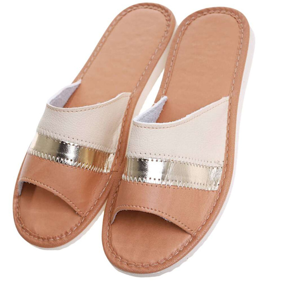 Kapcie damskie Brązowe domowe klapki skórzane /B4-1 10935 S194/