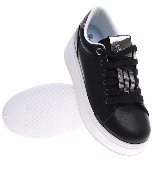 Czarne sznurowane damskie trampki na platformie /F6-2 16234 G360/