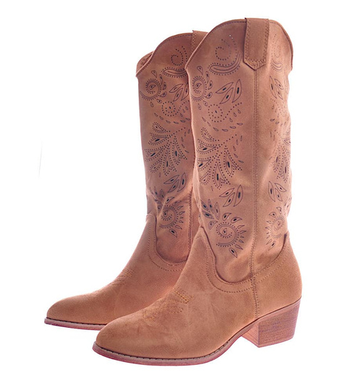 Camelowe zamszowe kozaki na słupku /E5-3 12511 T639/