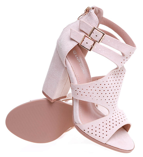 Beżowe damskie sandały na słupku /G13-1 15927 T783/