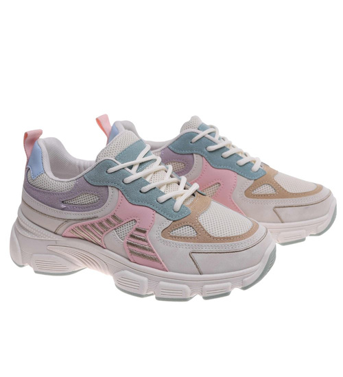 Sznurowane buty sportowe z pastelowymi dodatkami /A4-1 8767 W235