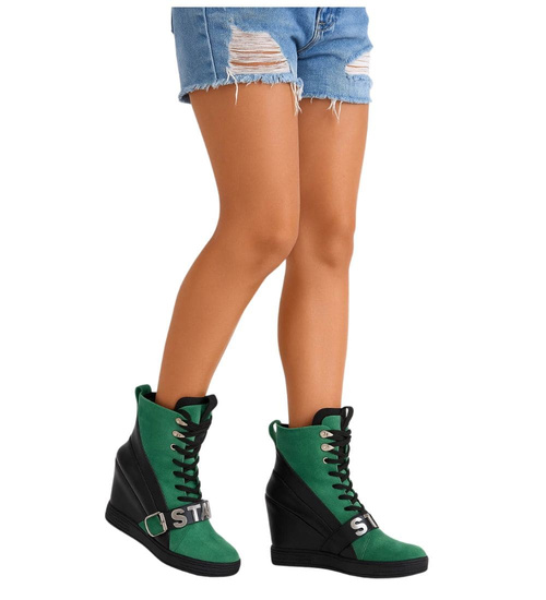 Sznurowane zielono czarne trampki sneakersy koturnie /F8-3 18060 T284/