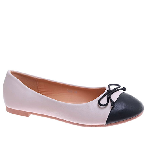 Beżowo czarne baleriny damskie z kokardą /E7-2 17533 G133/