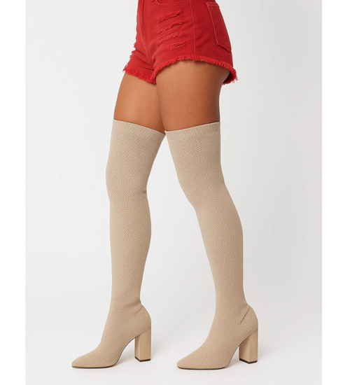 Wysokie kozaki elastyczne Beżowe na obcasie /F3-3 18154 T388/