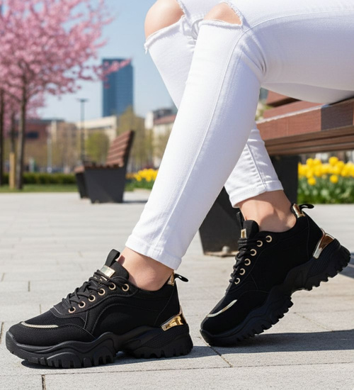 Wiązane sportowe buty damskie czarne /A6-2 13732 T598/