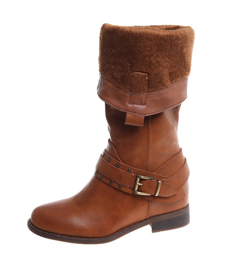 Ocieplane karmelowe kozaki damskie na niskim koturnie /i6-3 H2 18426 T386/