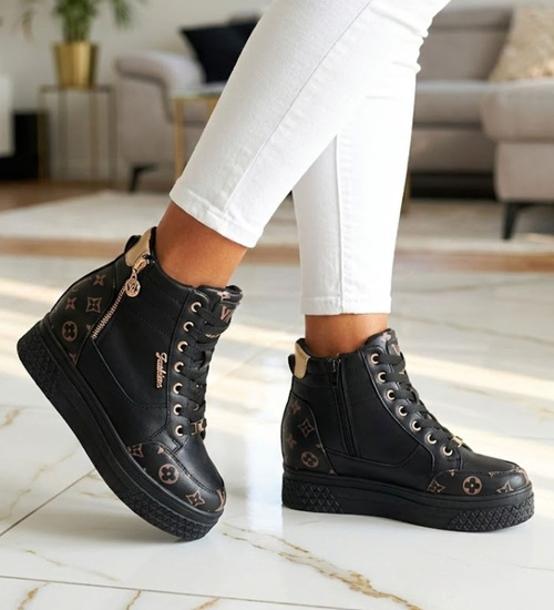 Wiązane czarno złote sneakersy na koturnie i platformie /F5-3 12317 T792/