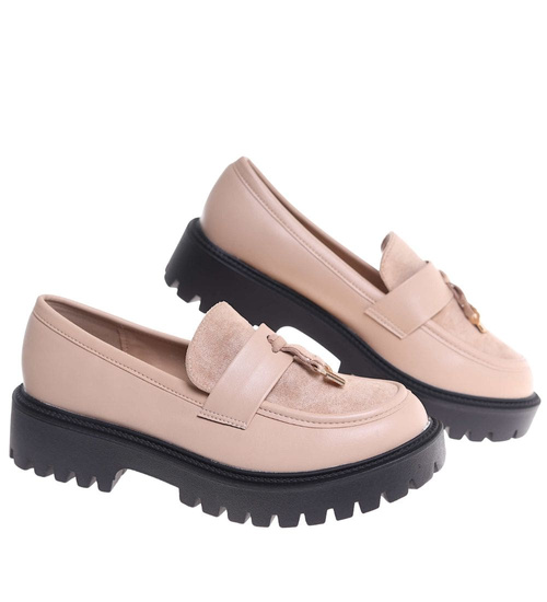 Beżowe półbuty mokasyny z przywieszką /i4-3 18623 W147/