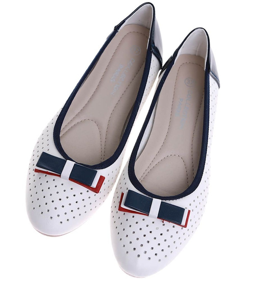 Biało granatowe ażurowe balerinki damskie z kokardką /A6-3 16150 T196/