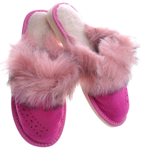 Skórzane ocieplane kapcie damskie Różowe /G2-1 9941 S198/