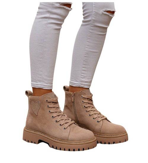 Sznurowane botki trapery na platformie Khaki /G5-2 18246 W437/