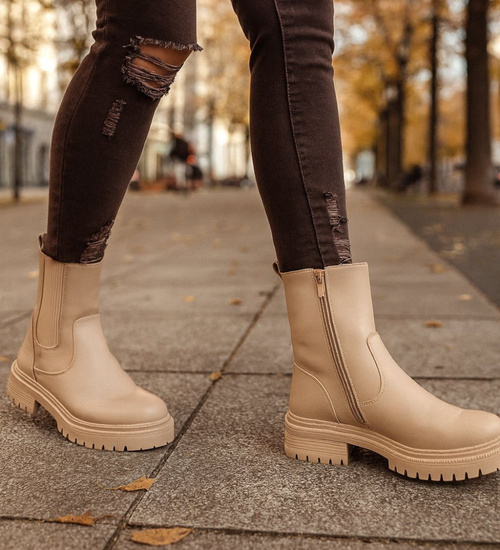 Beżowe botki damskie z ociepleniem /A4-2 18501 T238/