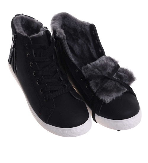 Czarne zimowe trampki z futerkiem /E1-1 18495 T315/