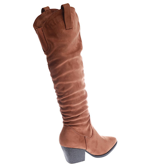 Camelowe kozaki damskie na słupku /F3-2 15002 T633/