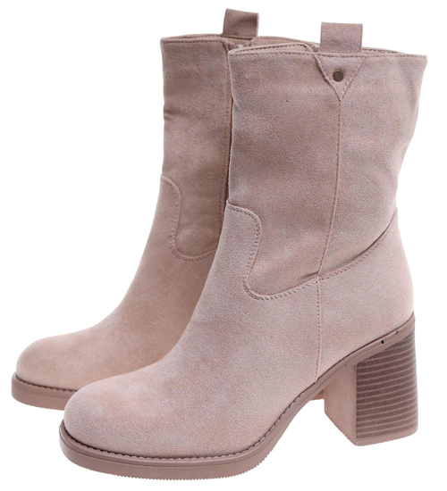 Beżowe eleganckie botki na grubym obcasie /F3-3 18283 W486/