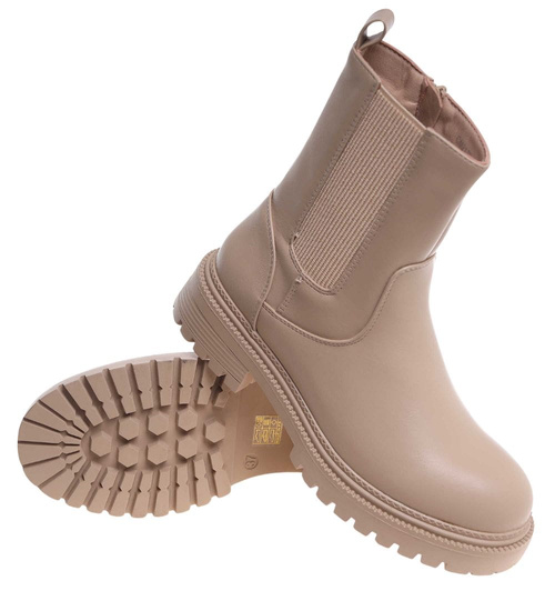 Beżowe botki damskie z ociepleniem /A4-2 18501 T238/