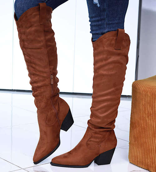 Camelowe kozaki damskie na słupku /F3-2 15002 T633/