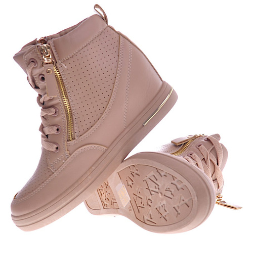 Beżowe sneakersy damskie na koturnie /B3-2 12826 T796/