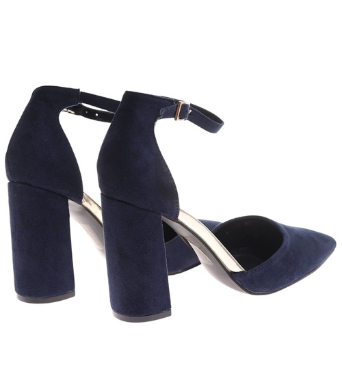 Granatowe czółenka damskie z paskiem /B5-3 17945 W152/