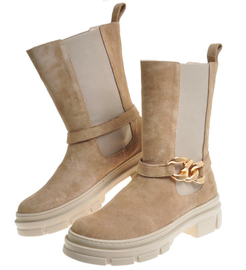 Skórzane damskie kozaki Beżowe /E1-3 10064 S202/