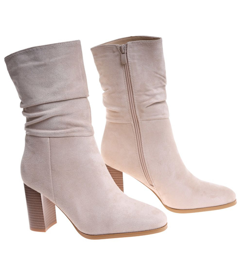 Beżowe eleganckie botki na obcasie /A2-3 18409 W383/