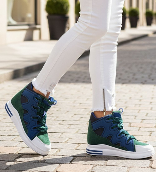 Sznurowane granatowo zielone trampki sneakersy na niskim koturnie /E2-3 15824 D430/