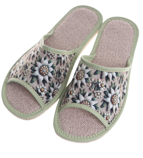 Kapcie z tkaniny z kwiatowym wzorem Zielone /D8-1 18591 S174/