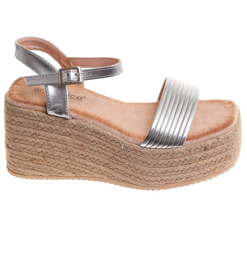 Sandały damskie na koturnie i platformie Srebrne espadryle /A9-1 17868 G187/