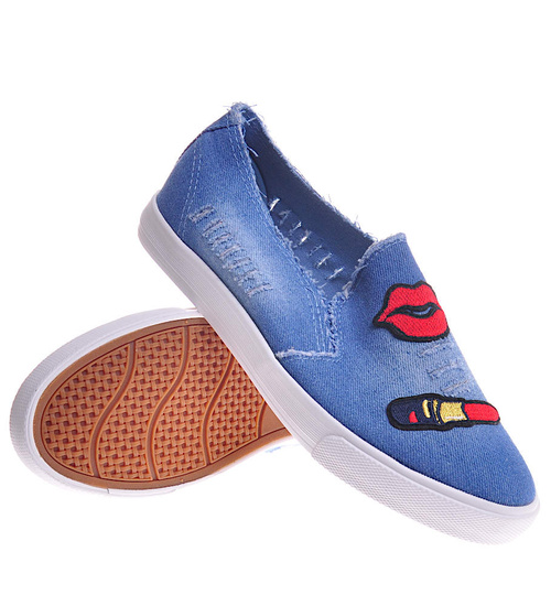 Granatowe tenisówki damskie slip'on z naszywkami /C3-3 11841 T198/
