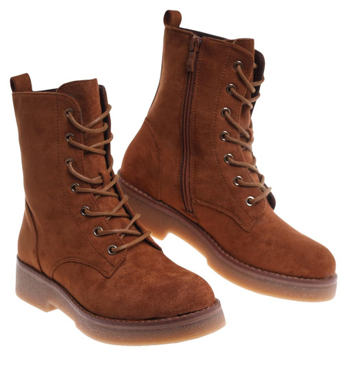 Karmelowe wiązane botki trapery zamszowe /E3-1 18388 W485/
