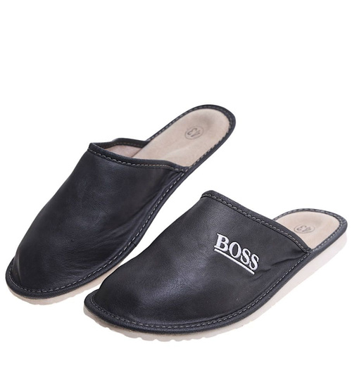 Skórzane kapcie męskie na prezent Szary /E3-1 7890 S197/