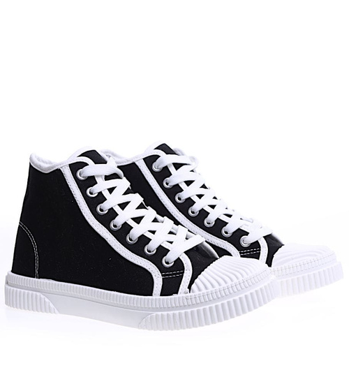 Czarne wysokie sznurowane trampki damskie /E6-1 15688 T134/