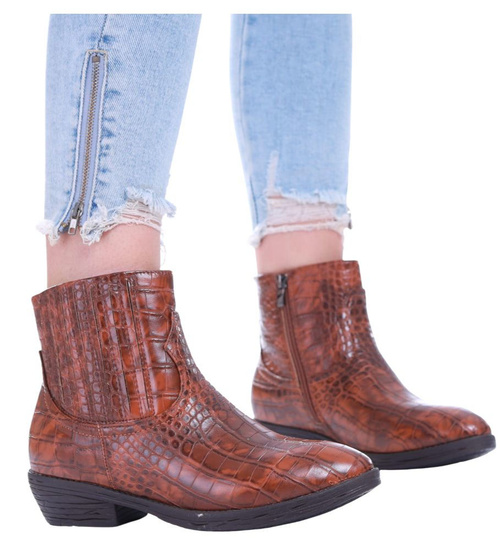 Brązowe botki damskie na płaskim obcasie /A5-2 12575 S290/