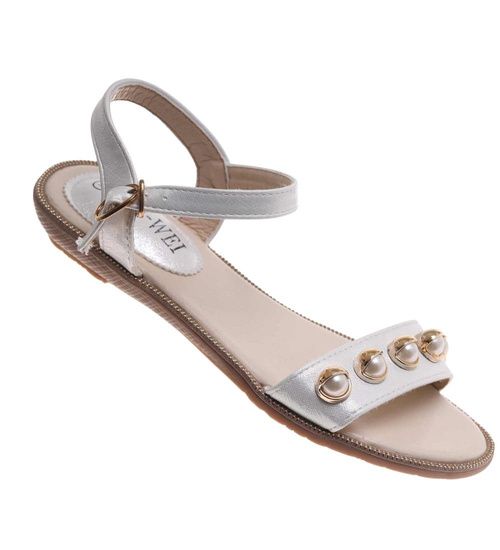 Sandały damskie na płaskim obcasie Srebrne /G6-2 17919 T132/