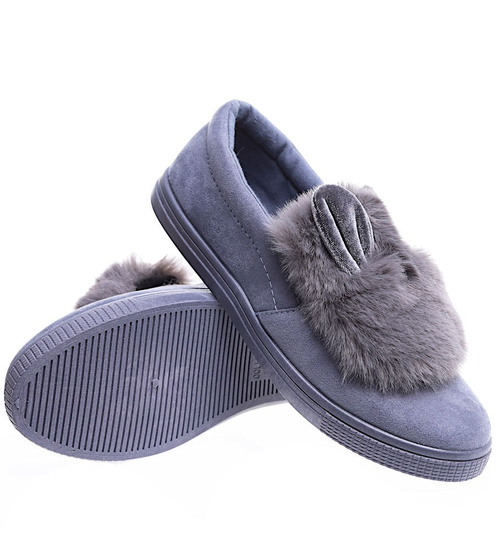 Wsuwane ciemno szare zamszowe trampki z uszami slip on /F9-2 15625 T037/