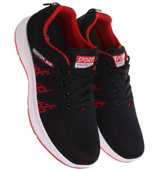 Wiązane czarno czerwone buty sportowe /F7-1 17996 T299/