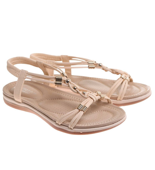 Beżowe paseczkowe sandały damskie wsuwane /E1-2 17916 W235/