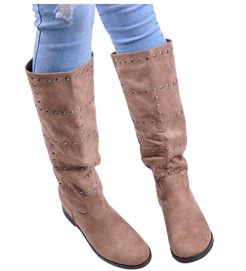 Zamszowe kozaki z ćwiekami Khaki /C1-2 12912 T423/