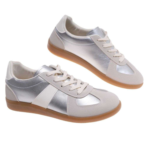 Beżowo srebrne sznurowane sneakersy /G8-1 18727 T177/