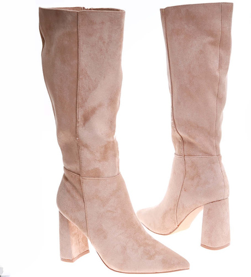 Klasyczne beżowe kozaki na grubym obcasie /G8-3 16949 T481/