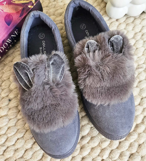 Wsuwane ciemno szare zamszowe trampki z uszami slip on /F9-2 15625 T037/