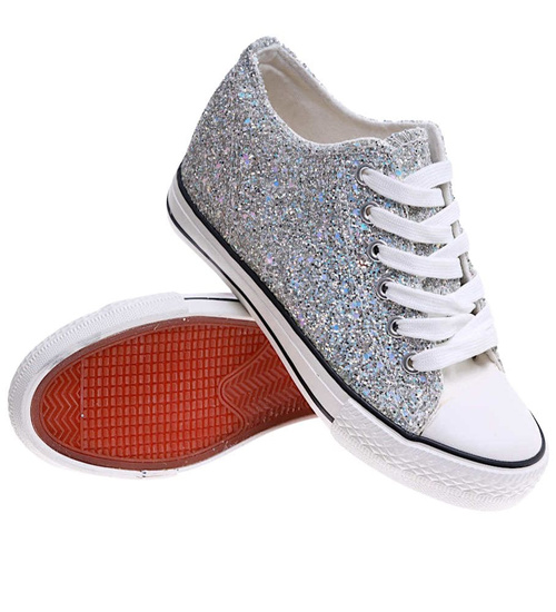 Srebrne trampki sneakersy na niskim koturnie /J4-2 16611 T094/