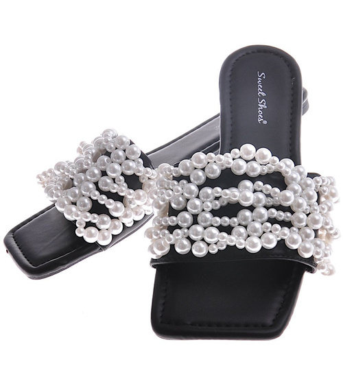 Czarne damskie klapki z perełkami /G8-2 12151 T192/