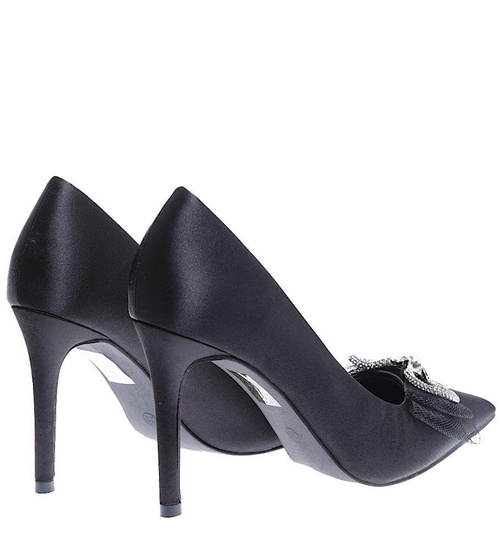 Czarne atłasowe szpilki damskie z kokardą /E1-3 15417  T291/