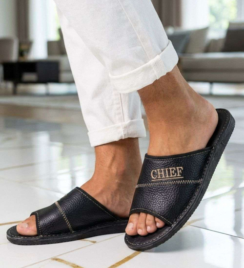 Skórzane otwarte klapki domowe Chief czarne /D2-1 18685 S199/