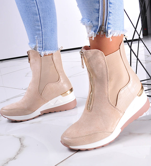 Beżowe botki na koturnie ze skóry ekologicznej /G3-3 12293 T595/