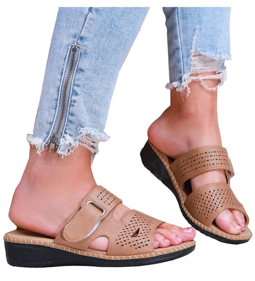 Khaki damskie klapki na płaskim obcasie /G9-2 16116 T280/